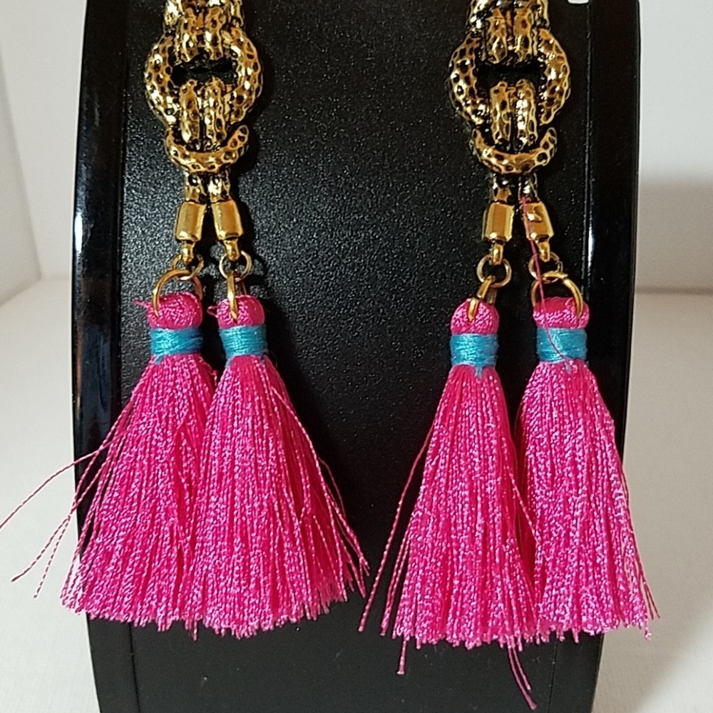 Hot Pink Tassel & Gold Tone Earrings